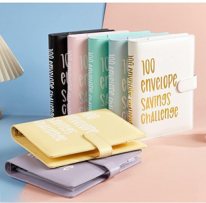 現金封筒付き 貯金バインダー 100日貯金挑戦 PUレザー 日貯金挑戦 レザー コンパクト ファスナー封筒付..