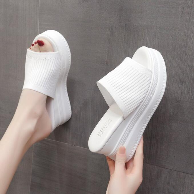 厚底 サンダル 軽量 サンダル ニットサンダル　歩きやすい レディース 美脚 ミュール ヒール7cm シュー..