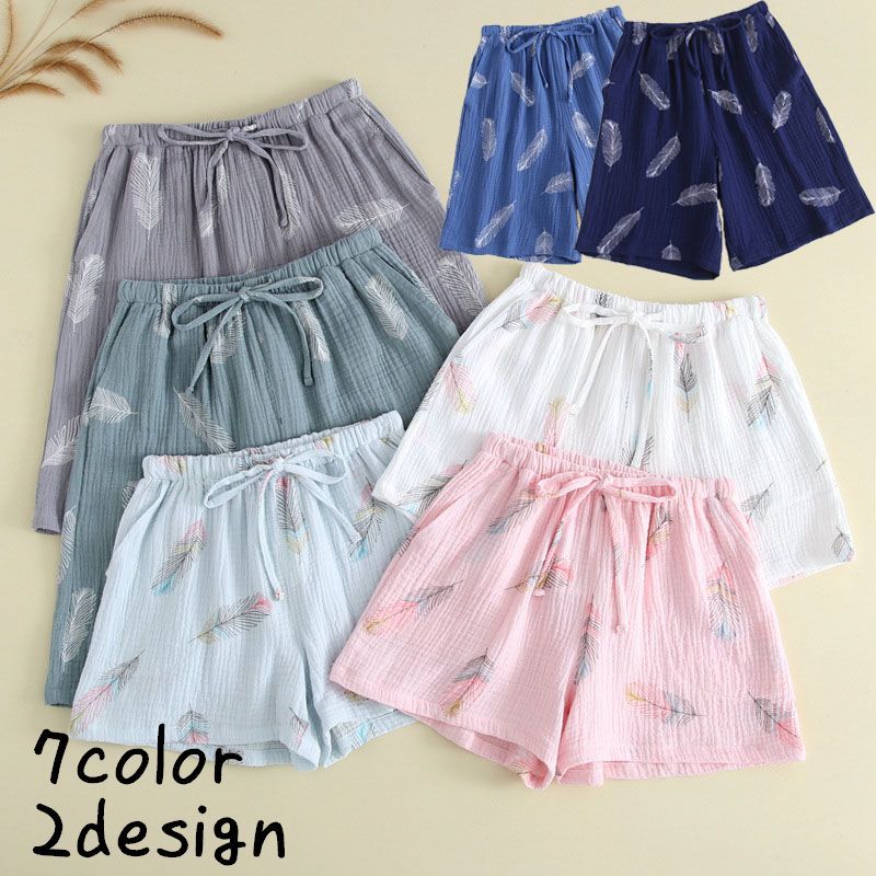 ショートパンツ ハーフパンツ ルームウェア パジャマ リラックス 長袖 パンツ 冬 半ズボン ウエストゴム 調整紐 部屋着 羽 お揃い ペアルック ナチュラル ユニセックス ボトムス 女性用 男性用 大きいサイズ カジュアル レディース メンズ