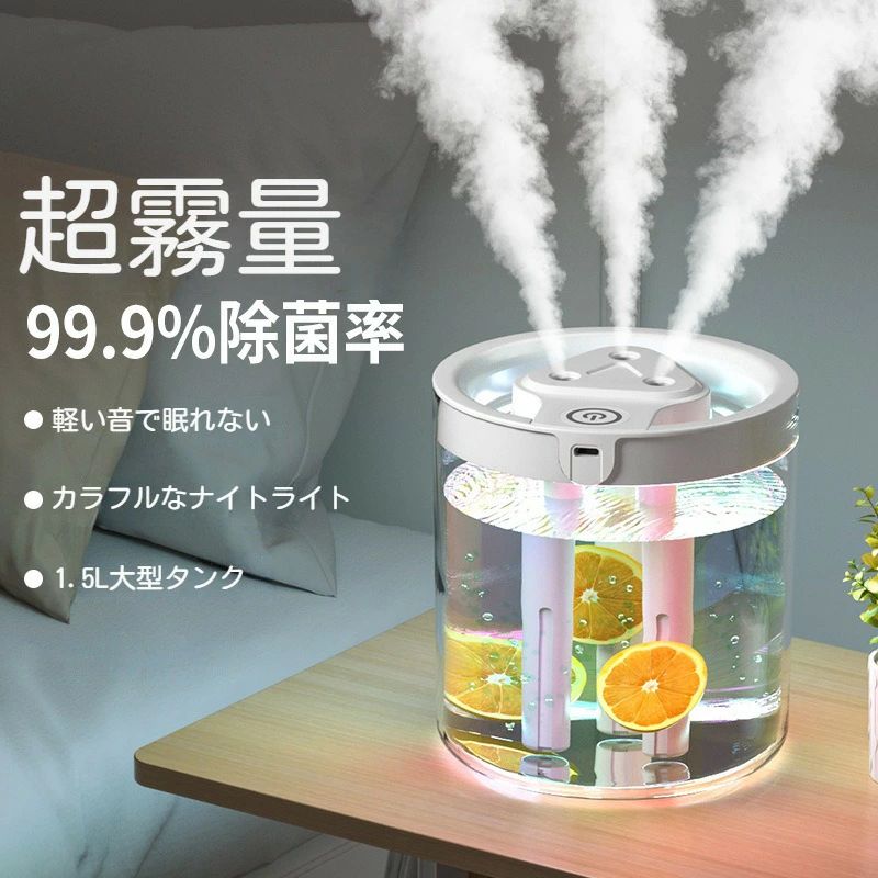 Rakuten - 加湿器 卓上1500ml大容量 おしゃれ USB給電 加湿器 連続加湿約10時間 空焚き防止 かわいい オフィス 静音 6-10畳対応 ペットボトル ミニ加湿器寝居 7色LEDナイトライト付 コンパクト微細ミスト子供部屋 リビング 車載用 寝室 家庭