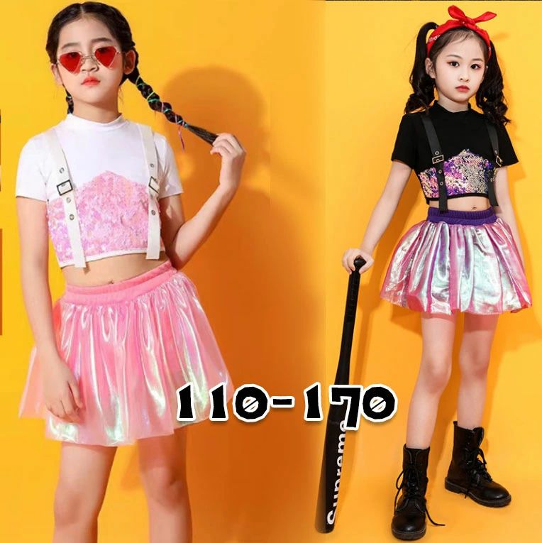 Rakuten - ダンス衣装 キッズ 子供 上下セット 女の子 可愛い ヒップホップ キッズダンス衣装 おしゃれ スカート ジャズダンス衣装 セット 半袖 ピンク hiphop チアガール 演出服 かわいい キラキラ ガールズ 発表会 白 ス 黒 HIPHOP セットアップ k-pop スパンコール