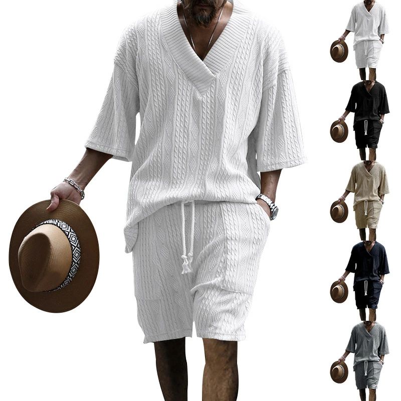 樂天商城 - セットアップ メンズ 上下セット ジャージ スウェット 夏服 Vネック Tシャツ 半袖 パンツ 短パン 5分丈 アロハシャツ ショートパンツ ハーフパンツ メンズ プルオーバー 2点セット おしゃれ 大きいサイズ 無地Tシャツ 部屋着 運動着 通勤 カ
