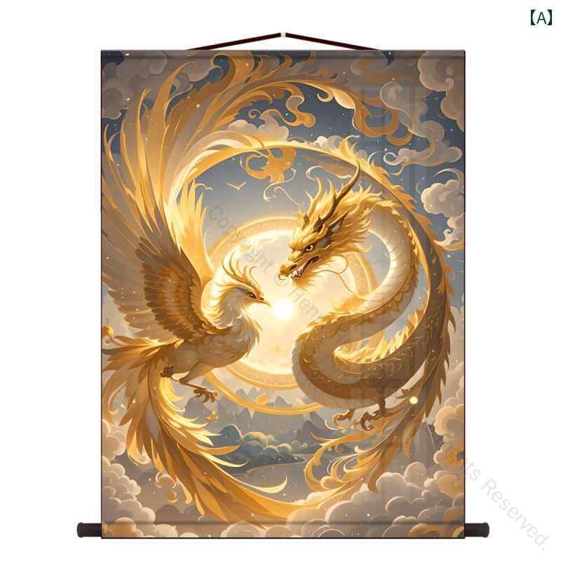 樂天商城 - 青龍 朱雀 鳳凰 掛け軸 四神獣 絵画 神話 獣神 フェニックス 装飾画 和風 インテリア 高品質 壁掛け アート モダン デザイン 贈答用 デジタルアート フレームレス ゴールド