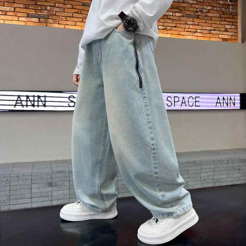 デニムパンツ 男の子 男児 小中学生 ジュニア 春秋 カジュアル 長ズボン 綿 ソフト ブルー ハイウエスト 韓国系 おしゃれ ボトムス 普..