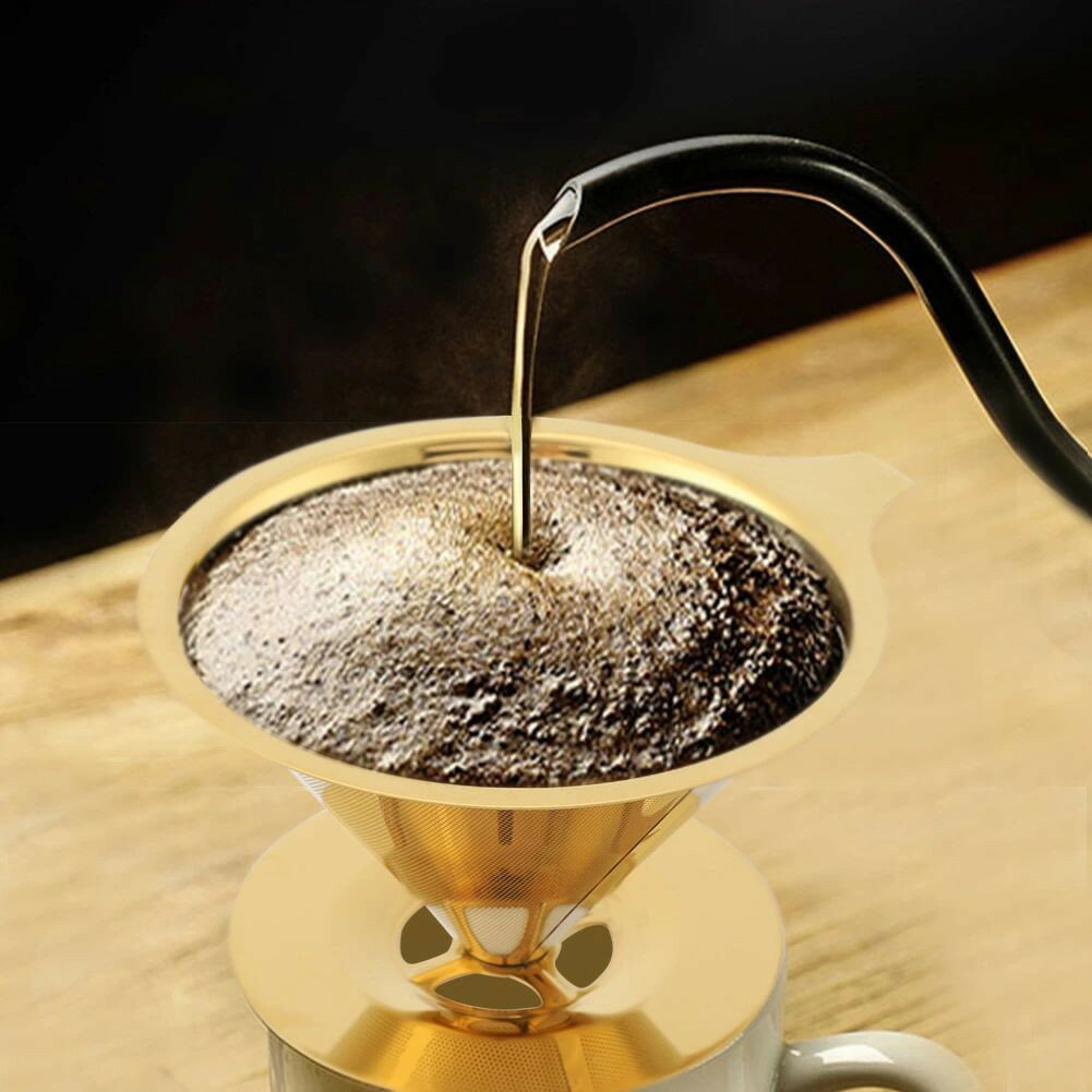 Rakuten - ステンレス鋼チタン カップホルダーとハンドル付き コーヒーフィルター コーヒーフィルター 304二層チタンメッキ ゴールデン 漏斗