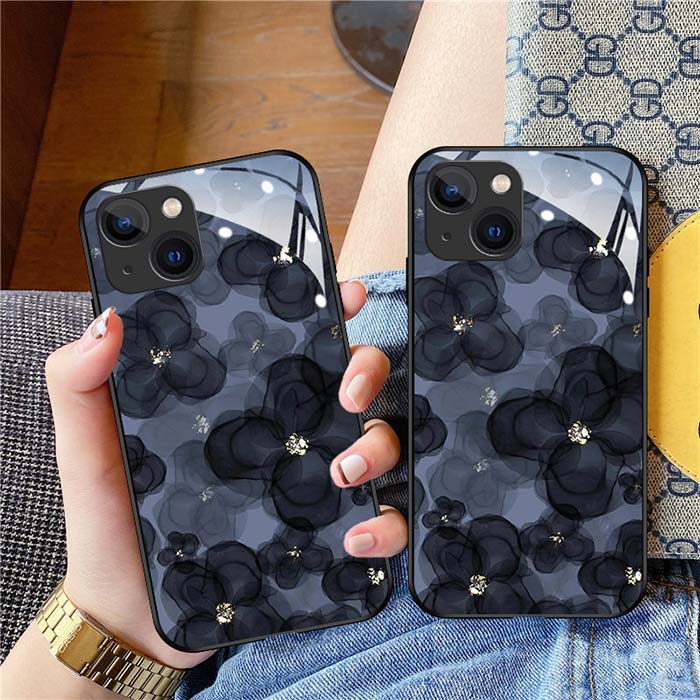 Rakuten - iPhone17Proケース iPhone16ケース フラワー 墨絵 ガラス 風 iphone アイフォン カバー ケース　ブラック iphoneカバー スマホケース 韓国 スマホカバー iPhone 15 14 12 13 11 Plus pro max mini ケース カバー