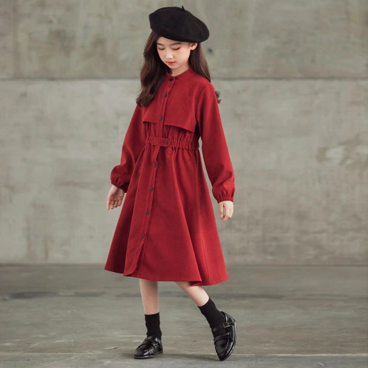 乐天商城 - 子供ドレス ワンピース 女の子 ドレス ジュニア ガーリー 入学式 子供 ドレス 長袖 女の子 キッズ 卒業式 入学式 フォーマル 子供服 トレンチ風ワンピース フロントボタンワンピース ドレス ピアノ 発表会 七五三 サンタ クリスマス 赤 黒 120