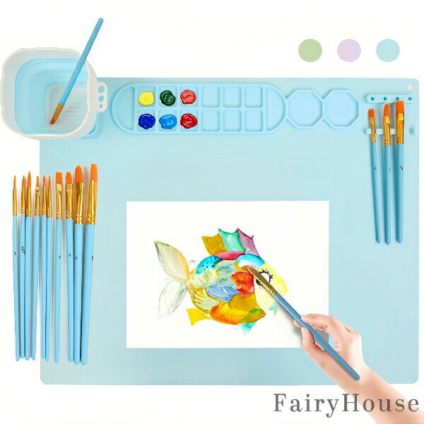 【無料送料】1セット シリコンペイントマット- シリコンアートマット、ペンホルダー1個とペイントブラシ10本付き-多功能シリコン美術マット - 折りたたみ可能、...