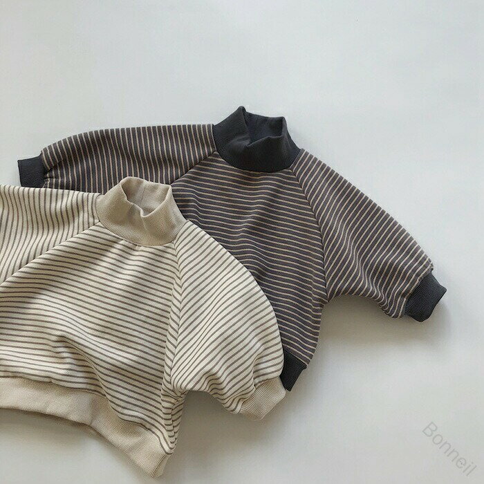 ハイネック ボーダー トップス トレーナー パーカー くすみカラー ストライプ 男女兼用 キッズ ベビー..