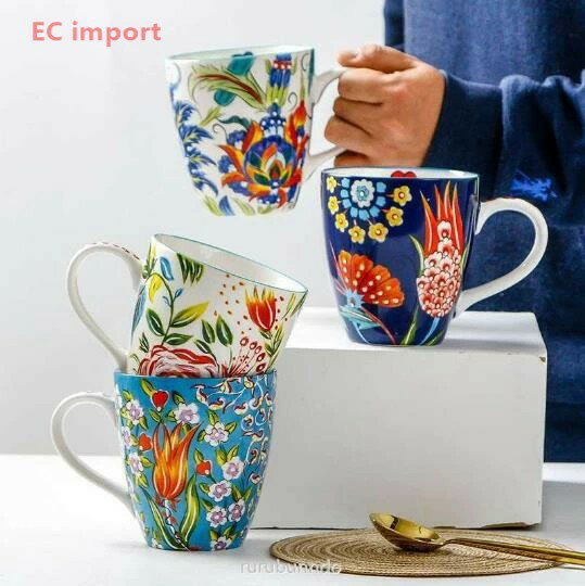 Rakuten - コーヒーマグカップ 手描きの陶磁器マグカップ 手描き マグ コーヒー ティー 花柄大容量ティーカップ ギフトコーヒーマグカップ 手描きの陶磁器