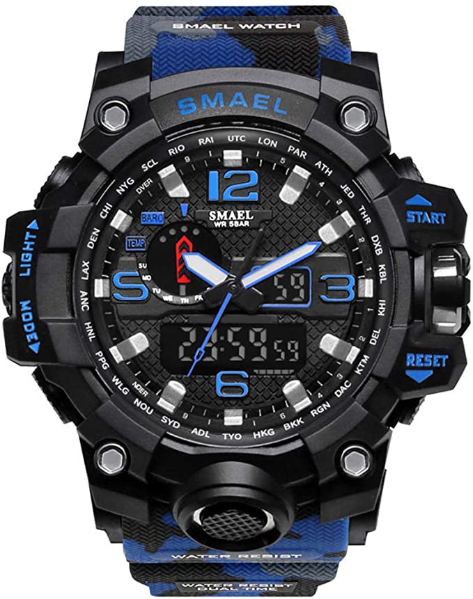 ミリタリー 迷彩風 アナデジ 腕時計 メンズ 男性 アラーム クロノグラフ 多機能 運動 スポーツ ウォッチ (ブルー)