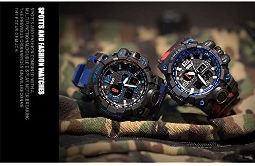 ミリタリー 迷彩風 アナデジ 腕時計 メンズ 男性 アラーム クロノグラフ 多機能 運動 スポーツ ウォッチ (ブルー)