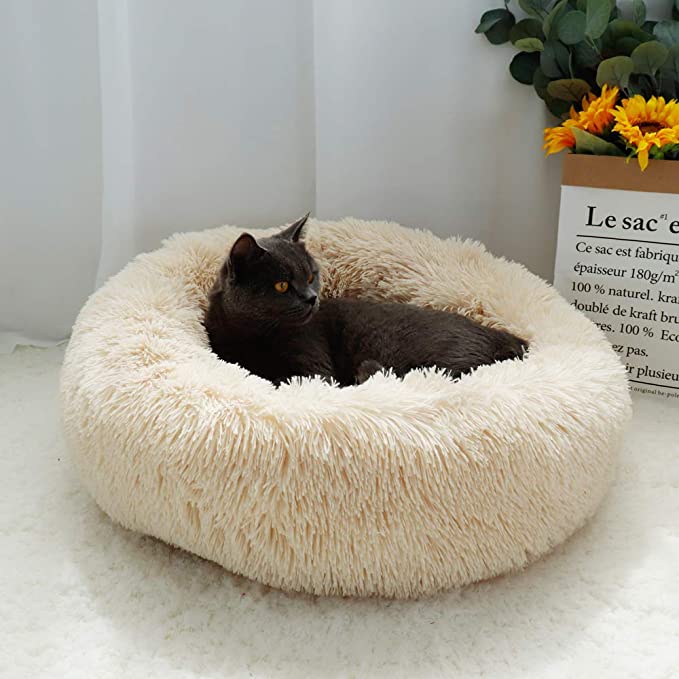 猫 ベッド 冬用 犬 ベッド クッション ラウンド型 防寒 寒さ対策 もふもふ 丸型 ドーナツふわふわ もこもこ ぐっすり眠る 滑り止め 洗える キャット 猫用 小型犬用 ペット用品(ベージュ)