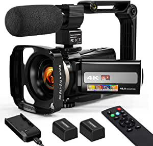 ビデオカメラ 4K WIFI機能 vlogカメラ 4800万画素 60FPS 16倍ズーム YouTubeカメラ Webカメラ IRナイトビジョン HDMI出力 2*予備バッテリー 2.4Gリモコン 外部マイク+遮光フード カメラ電池充電器 3.0インチ