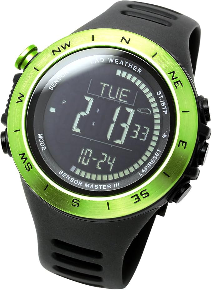 [ラドウェザー]デジタル時計 温度計 歩数計 100m 防水時計 (グリーン反転)