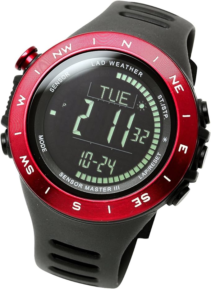 [ラドウェザー]デジタル時計 温度計 歩数計 100m 防水時計 (レッド反転)