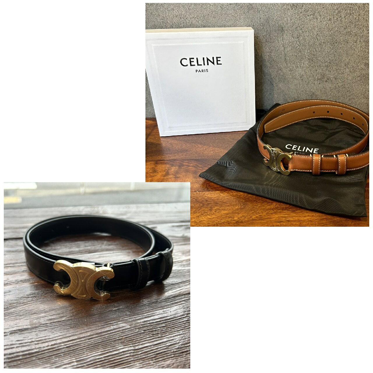 CELINE セリーヌ 45AK93A01 45AK93A78 ミディアム トリオンフ ベルト スムースカーフスキン ブラック Black 黒 ブラック Tan 茶色 ブラウン ブランド バックルのサムネイル