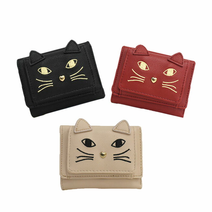 3つ折り財布 お札も 小銭も入る【サンモト】ネコ 顔 刺繍 パッチワーク 三つ折り財布 レディース ミニ ..