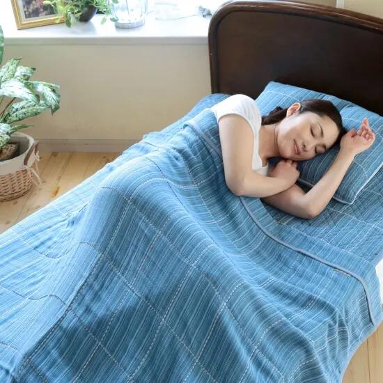 Rakuten - 三河木綿・6重ガーゼケット　ブルー