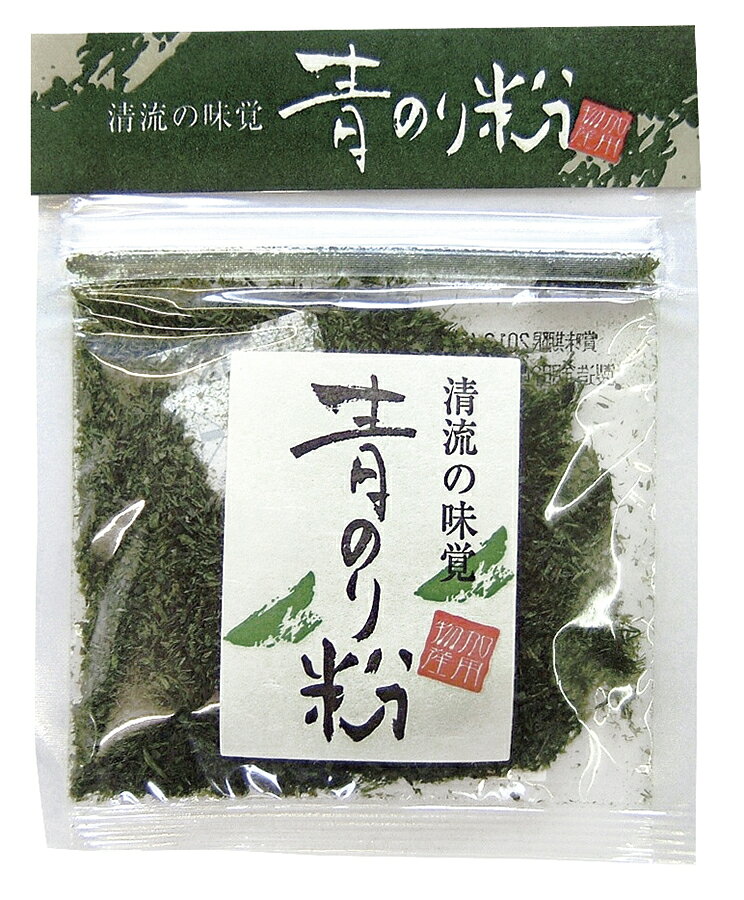 高知産天然青のりをブレンド 風味がよい ■焼きそば、お好み焼き、とろろ、天ぷらの衣などに 【原材料】 青のり(国産) 【開封後の保存方法】 開封後は冷蔵庫で保存しお早めに 【調理法・使用方法】 やきそば・お好み焼き・とろろ・納豆・大根おろし・おむすび・おはぎ・天ぷらの衣などに 【栄養成分表示】 100g当たり／エネルギー 164kcal／たんぱく質 29.4g／脂質 5.2g／炭水化物 41g／食塩相当量 8.1g 【アレルゲン】 無 【販売者名・輸入者名】 有限会社加用物産