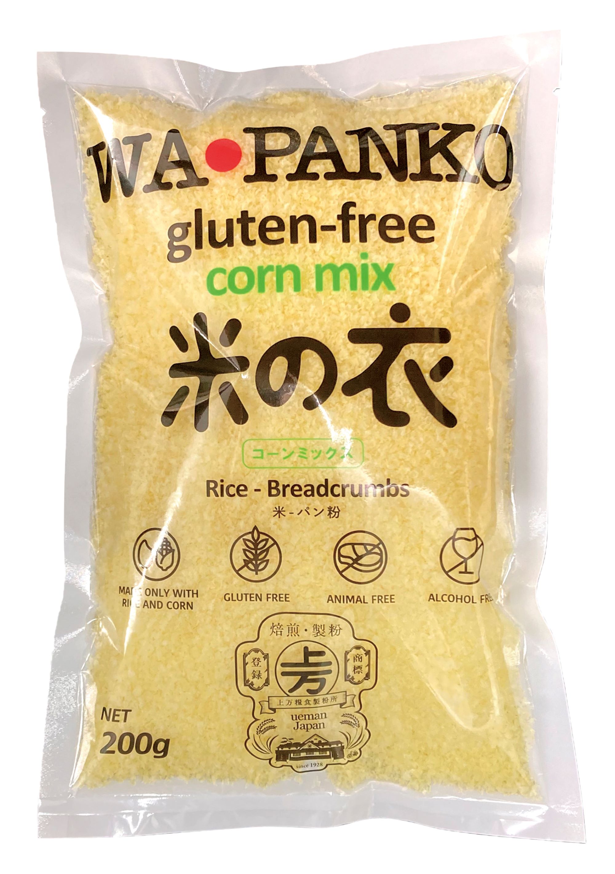 とうもろこしと国産米粉でつくったパン粉 自然な甘みと風味 小麦不使用 ■砂糖不使用 ■冷めてもサクサクとした食感が楽しめる ■原料を細かいフレーク状に仕上げる独自の加工技術を採用 ■素材にしっかりと衣がつく ■イーストフード・酸化防止剤不使用 ■食欲をそそる黄金色に仕上がる ■パン粉の色合いを活かして、オーブン・トースターなどの焼き調理にも ■小麦のパン粉同様、フライやカツ、ハンバーグのつなぎなどに 【原材料】 コーングリッツ［とうもろこし(アメリカ)］、米粉(米(国産)) 【開封後の保存方法】 開封後はしっかり口を閉じて冷蔵保存し、できるだけ早めにご使用ください。 【調理法・使用方法】 通常のパン粉と同じようにご使用ください。 【栄養成分表示】 100g当たり／エネルギー 82.4kcal／たんぱく質 367g／脂質 6.6g／炭水化物 1.5g／食塩相当量 0g 【アレルゲン】 無 【販売者名・輸入者名】 株式会社上万糧食製粉所