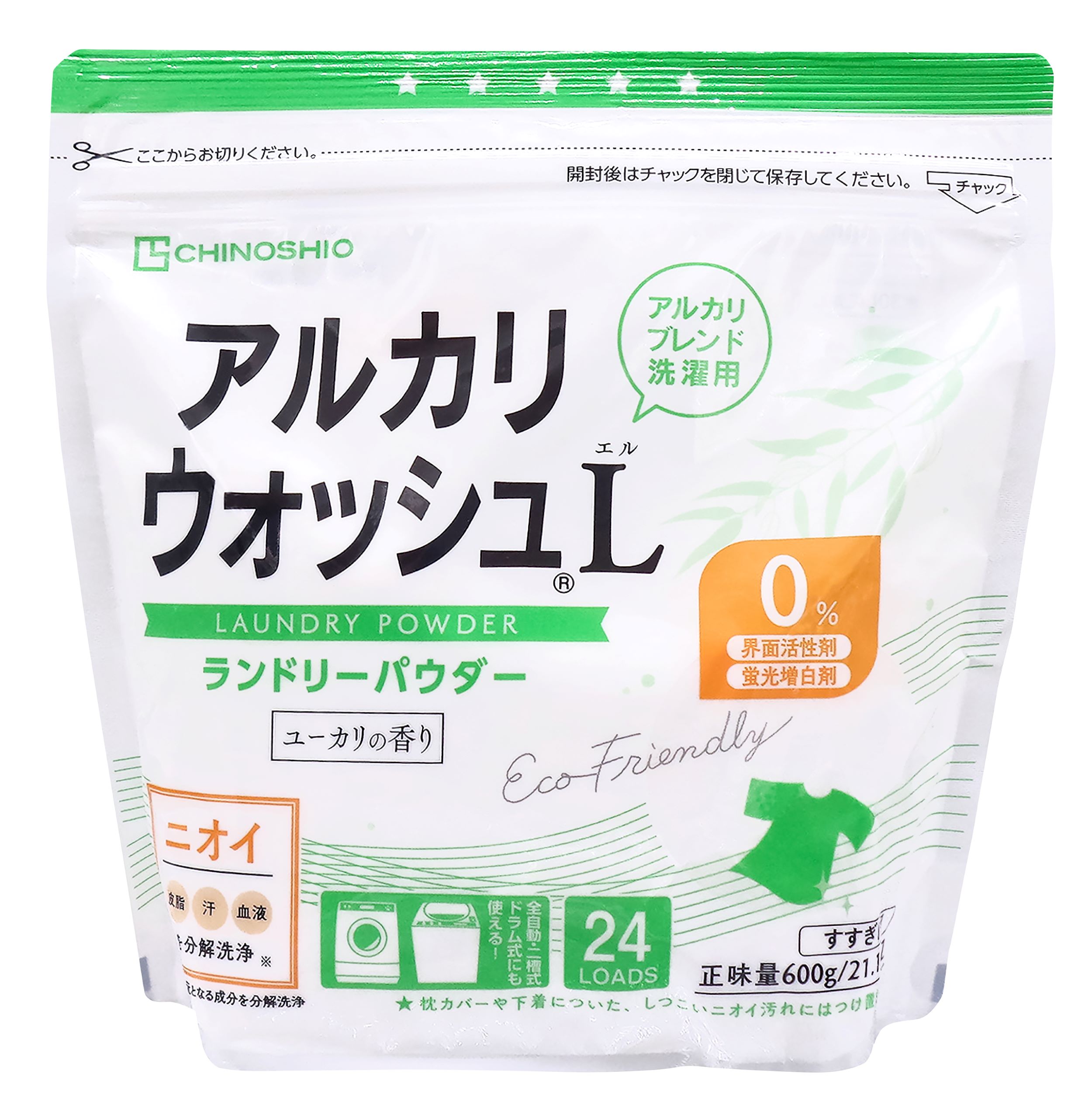 セスキ炭酸ソーダと酸素系漂白剤を配合した洗濯用洗剤　界面活性剤不使用 皮脂汚れや汗の臭いをしっかり落とす　ユーカリの天然精油の香り ■水に溶けやすく使いやすい ■すすぎ1回でOK ■ドラム式洗濯機にも対応 ■無機物なので生分解の必要がなく環境にやさしい ■衣類の黄ばみ・黒ずみの予防にも ■汚れのひどいものは、ぬるま湯の浸け置き洗いでキレイに ■蛍光増白剤・合成香料・着色料不使用 ■無残香タイプ ■弱アルカリ性 ■使用量目安：25g/水30L 原材料 炭酸ナトリウム、過炭酸ナトリウム、セスキ炭酸ソーダ、ゼオライト、ユーカリ油、香料(ユーカリ由来) 開封前賞味期間 長期保存可 販売者名・輸入者名 株式会社地の塩社