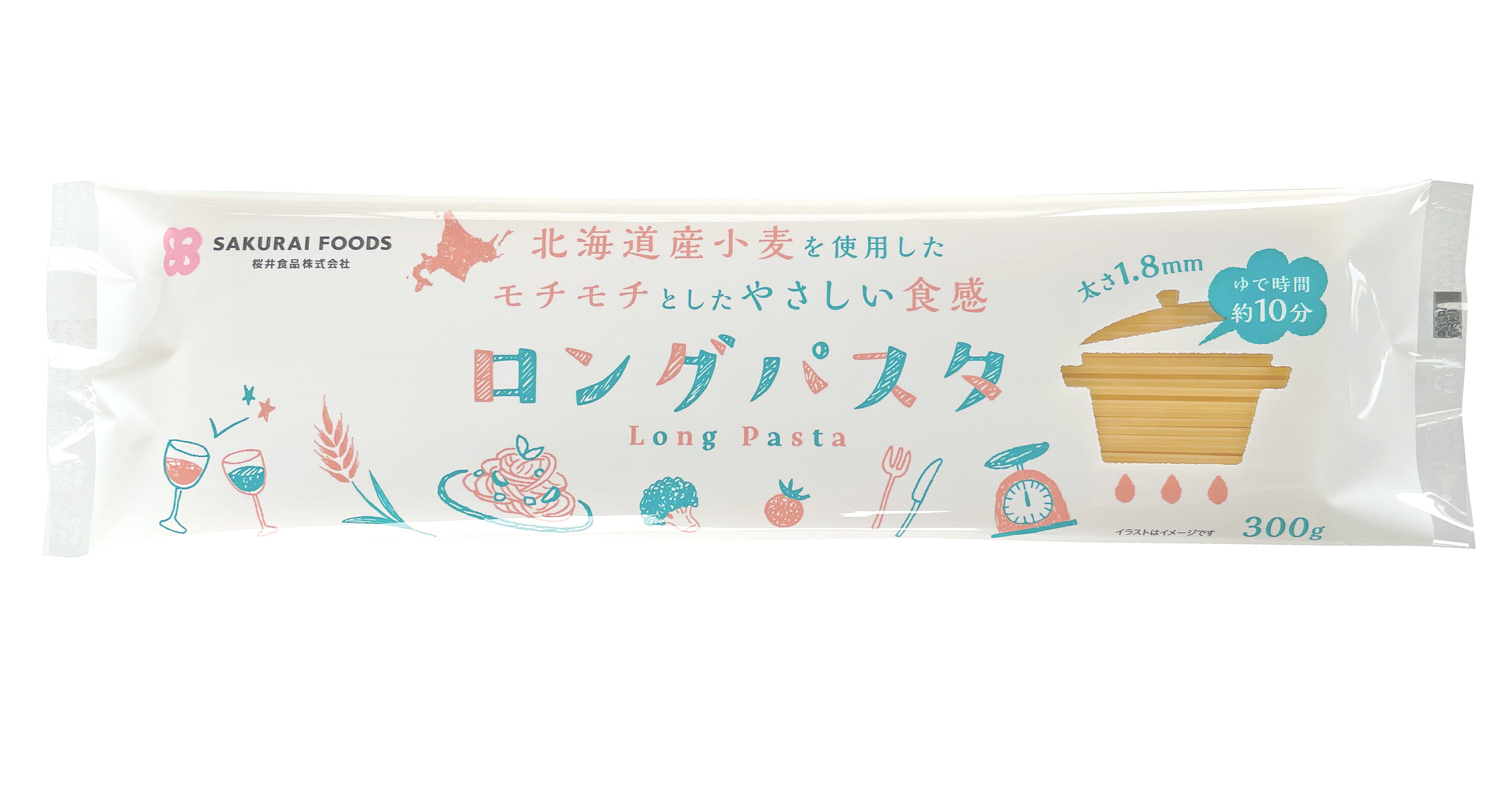 北海道産小麦粉100% 風味よくソフトな食感 ■太さ：1.8mm ■茹で時間10分 【原材料】 小麦粉[小麦(北海道)]、小麦グルテン 【調理法・使用方法】 100gに対して1Lのお湯に小匙1杯の塩を入れ、約10分茹で上げます。 【栄養成分表示】 100g当たり／エネルギー 362kcal／たんぱく質 11.3g／脂質 2.1g／炭水化物 74.4g／食塩相当量 0g 【アレルゲン】 小麦 【販売者名・輸入者名】 桜井食品株式会社