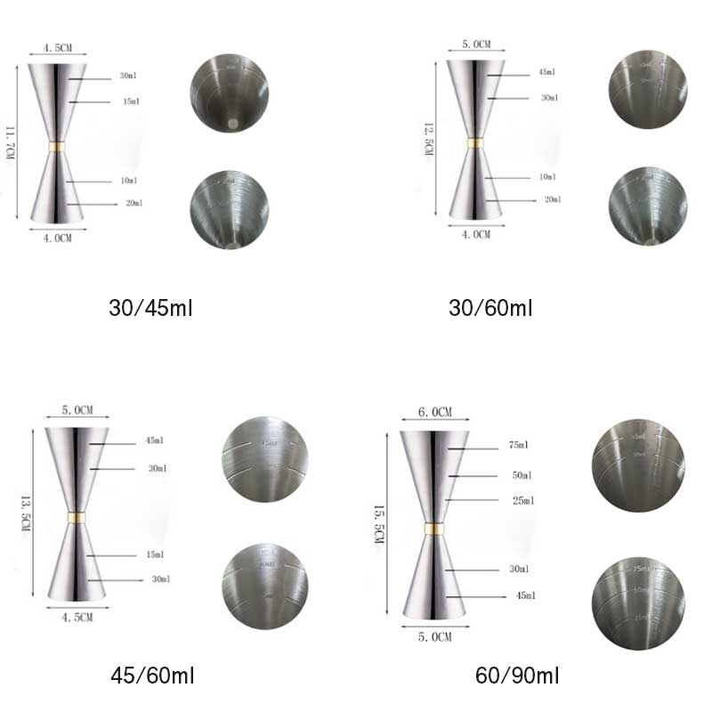 30ml/45mlジガーカップ 目盛り付き カクテル メジャーカップ バースプーン30cm ジガーカップ ステンレス鋼計量カップ カクテルスプーン