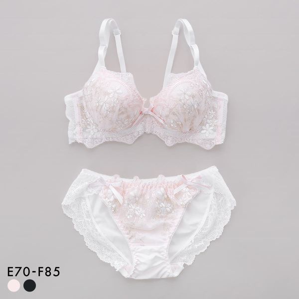 サンエイ 脇高 アンティークレーシィフラワー ブラセット EF 大きいサイズ グラマー 脇肉 はみ肉すっきり 脇寄せ ブラジャー ショーツ 美胸 谷間 丸胸 SANEI レディース trelinge 全2色 E70-M-F85-LL