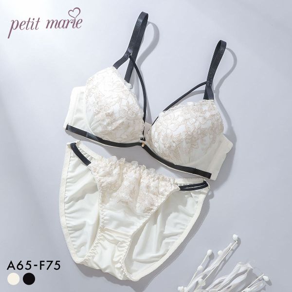 サイズ レディースA65-M、A70-M、A75-M、B65-M、B70-M、B75-M、C65-M、C70-M、C75-M、D65-M、D70-M、D75-L、E65-M、E70-M、E75-L、F65-M、F70-M、F75-L※ブラサイズ-ショーツサイズショーツM(ヒップ87-95cm)L(ヒップ92-100cm) カラー IV-アイボリー、BK-ブラック 素材 ポリエステル　ナイロン　その他 仕様 ブラ・ホックの数：2段3列・3/4カップ・下厚内蔵パッド+取外し可能なパッドのWパッド仕様・肩紐取外し：不可・L字ソフトワイヤー入り・サイドボーン：ありショーツ・バックのみ2wayに伸縮性あり・クロッチ：付き・透感：ほぼなし 関連ワード 251210 3/4カップブラジャー ブラセット ブラジャーセット ブラショーツセット ブラ＆ショーツセット ブラジャー＆ショーツ 上下セット 下着セット フルバック パンツ 女性用 大きいサイズ グラマーサイズ Eカップ Fカップ 谷間ブラ 盛る 盛れる 谷間 braday プチマリー プチフラワー刺繍 ブラセット ABCD ブラジャー ショーツ セット まる胸 petit marie WHITE プチマリー プチフラワー刺繍 ノンワイヤー ブラセット SML ブラジャー ショーツ セット petit marie WHITE &nbsp;プチマリー モノトーンコード ブラセット ABCDEF ブラジャー ショーツ セット 盛り petit marie BLACK 大きいサイズセクシー＆クールなデザインが人気のpetit marie BLACK(プチマリーブラック)☆モノトーンカラーが大人上品なブラ＆ショーツセットです。マカロニコードが胸もとをセクシーに演出します。アンダーにはブラックのサテンテープをあしらい、スパイシーなアクセントに。レースにあしらったラメも華やかな煌めきです。ブラジャーのカップ裏は下厚内蔵パッドと取り外し可能なふわふわレモンパッドのWパッド仕様で、ふっくらボリュームのある盛りバストをメイクします。前中心の低いL字型のソフトワイヤーなので胸の中心にあたりにくく、きれいな谷間を作りやすいのも嬉しいポイント！圧迫感の少ないソフトワイヤーを使用しているのでラクな着けごこちです。ショーツはデイリーに使いやすいノーマルタイプ。サイドのダブルループがセクシーキュートなデザインです。後ろ身生地はタテヨコにストレッチ性があり、フィット感のあるはき心地です。