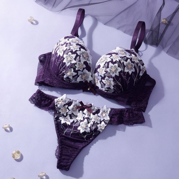 プチマリー ムーンライトフラワー ブラジャー Tバックショーツ セット ABCDEF ブラセット 脇高 谷間 盛りブラ petit marie BLACK レディース trelinge 全2色 A65-M-F75-L