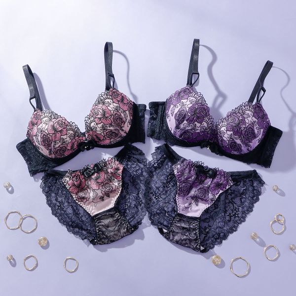 プチマリー Luxe Bloom ブラジャー ノーマルショーツ セット ブラセット ABCDEF 脇高 谷間 盛りブラ petit marie BLACK 大きいサイズ レディース trelinge 全2色 A65-M-F75-L (2)