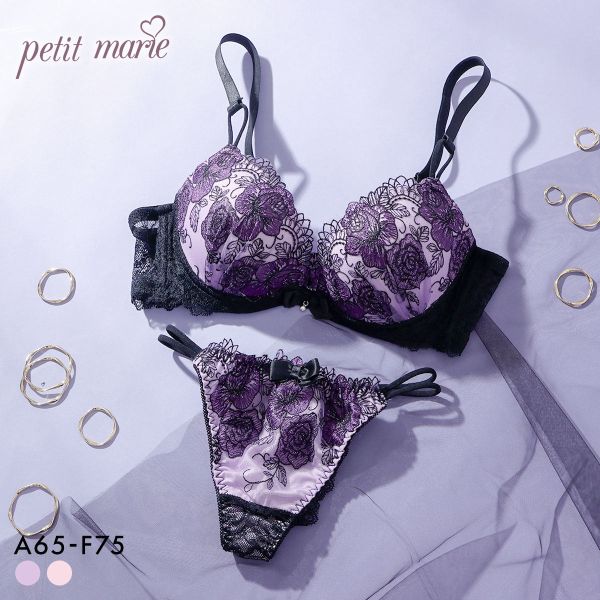 プチマリー Luxe Bloom ブラジャー Tバックショーツ セット ブラセット ABCDEF 脇高 谷間 盛りブラ petit marie BLACK 大きいサイズ レディース trelinge 全2色 A65-M-F75-L
