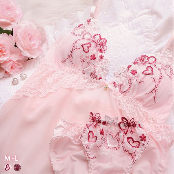 サンエイ ハートライン刺繍 カップ付き スリップ＆ショーツ ランジェリー ベビードール キャミ 上下セット SANEI レディース trelinge 全2色 M／M-L／L