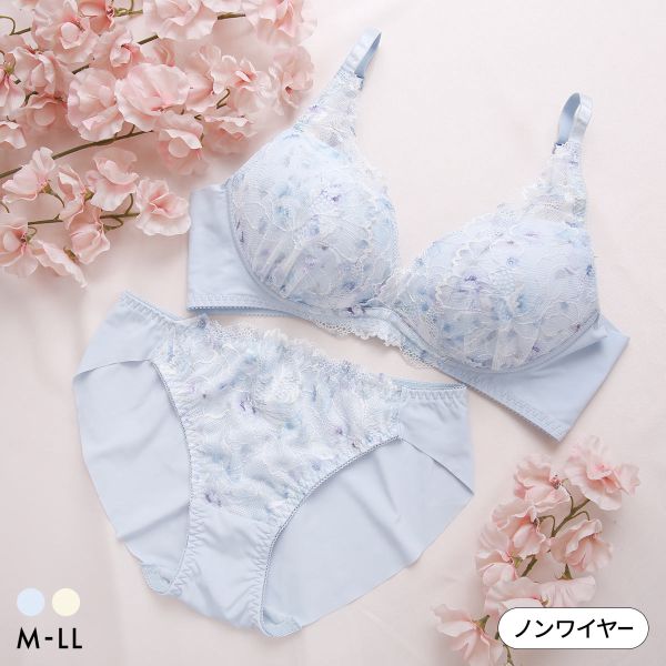 Rakuten - ルルモアナ 脇高プリントレース ノンワイヤー ブラセット M L LL ブラジャー ショーツ セット ワイヤレス レディース trelinge 全2色 M／M-LL／LL
