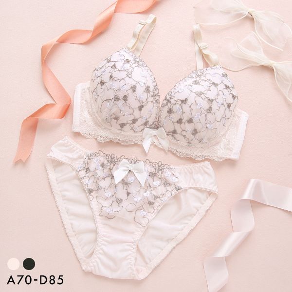 3/4 Cup - ピュアシェリ ハート柄チュールレース ブラセット ABCD 谷間 盛り 脇寄せ ブラジャー ショーツ セット 大きいサイズ PURECHERIE レディース trelinge 全2色 A70-M-D85-LL
