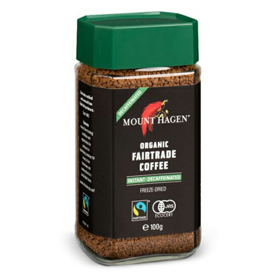 [※]マウントハーゲン 有機フェアトレード カフェインレスインスタントコーヒー 100g×6本。カフェイン99.7%カット　カフェインレスでありながら、本格的な素晴らしい味わい。生産者をサポートする。すべての人を守る。公正な取引。