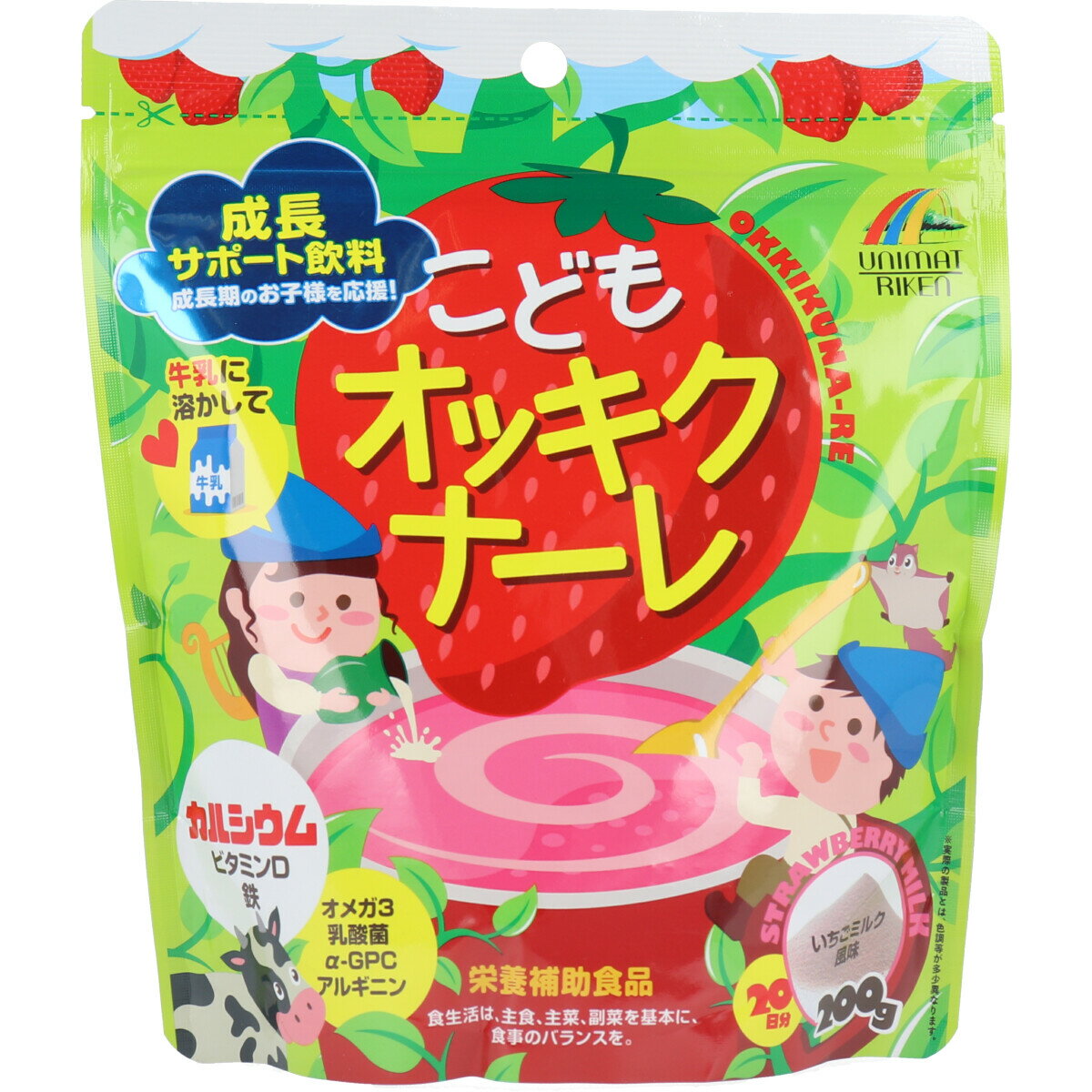 こどもオッキクナーレ いちごミルク味風味 200g×6袋。カルシウムに加え、カルシウムサポート成分のビタミンDと、さらに鉄、オメガ3(n-3系)脂肪酸のDHA、乳酸菌、α-GPC、アルギニンを配合した、おいしいいちごミルク風味の成長サポート飲料です。