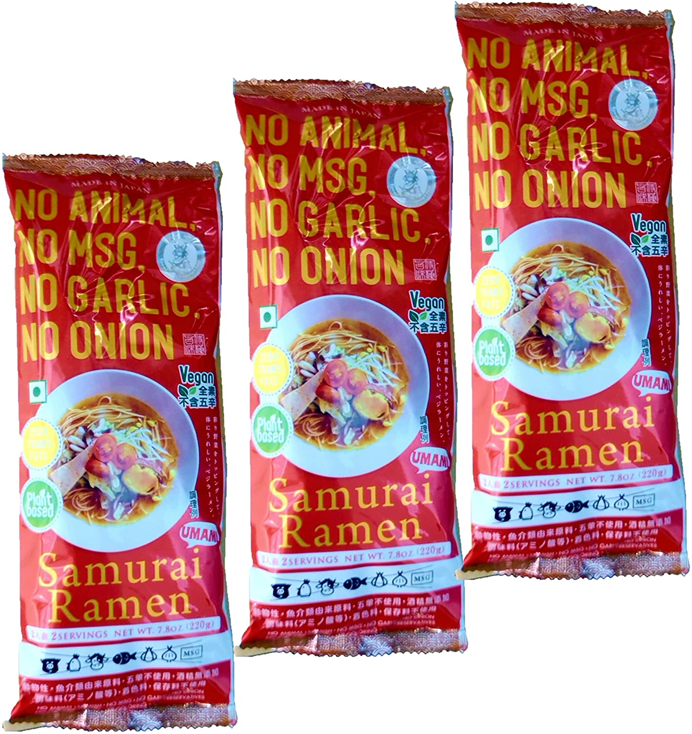 サムライラーメン Samurai Ramen UMAMI（旨味2人前）×3袋　動物・魚介由来成分、アルコール、化学調味料、にんにく不使用　風味味噌, しょうゆ, ごま　専門分野動物性素材不使用。ラーメンを超えて行け！きっとあなたを自由にしてくれます。