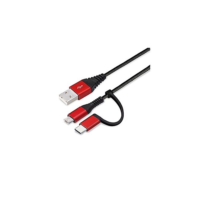 PGA 2in1 Type C & microUSBタフケーブル 15cm レッド＆ブラック