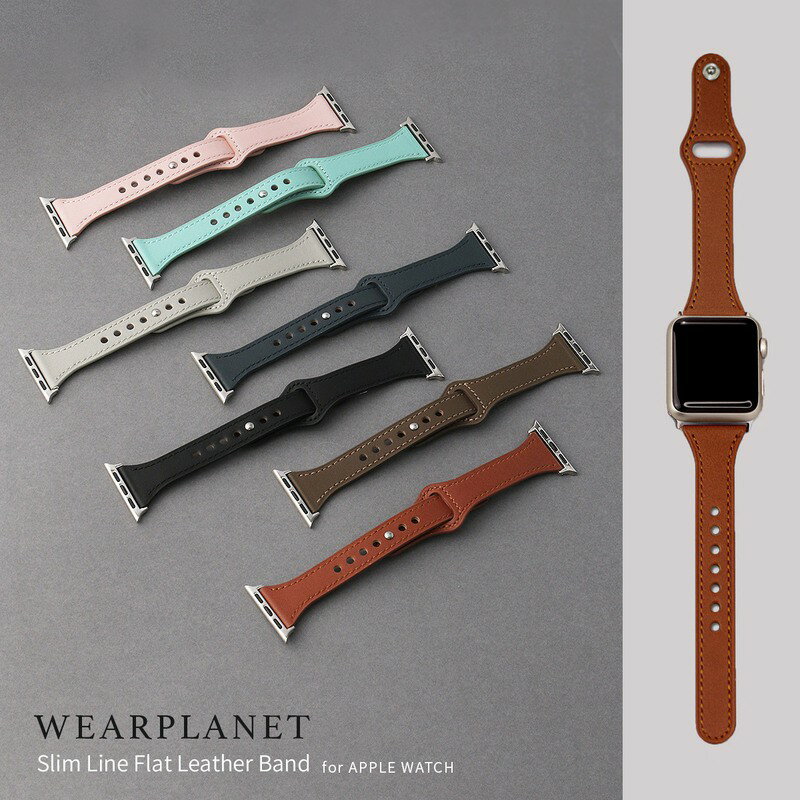 WEARPLANET ウェアプラネット Slim Lineフラット本革バンドApple Watch 45/44/42mm ディープブラック