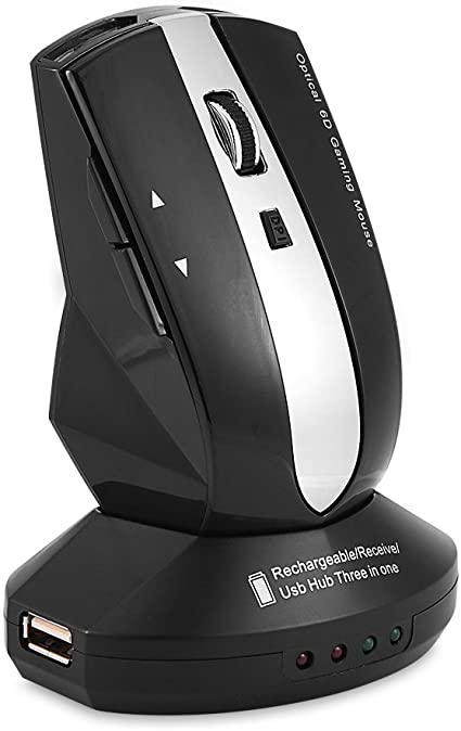 Acouto ワイヤレスマウス 2.4GHz 充電ドックスタンド 3ポートUSBハブ付き 充電式ワイヤレスマウス オプティカルマウス ゲーミングマウス 低消費電力と長作業時間 高感度(ブラック)