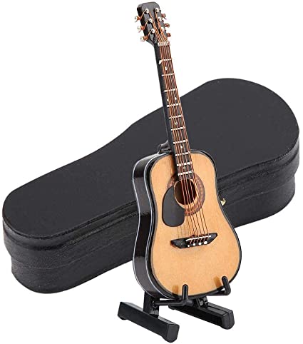 ミニチュア 木製ギターモデル ドールハウス楽器 ディスプレイ付き スタンドサポート ケース ドールハウス アクセサリー 小さなクラフト 装飾品 家の装飾(#1)