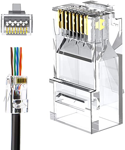 RJ45パススルーコネクタ，CableCreation 50個入りCat6 / Cat5e金メッキモジュラープラグソリッドまたはストランドUTPイーサネットケーブル用のシールドなき圧着コネクタ LANコネクタ