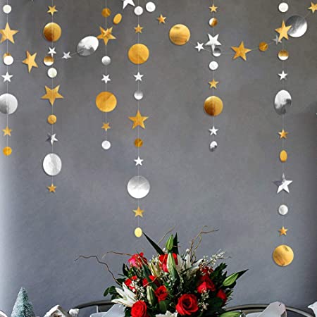 3本  ペーパーガーランド 丸形 星形 飾り 写真小物 金 銀色 キラキラ パーティー イベント 店舗 装飾