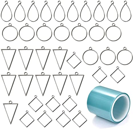 40枚 レジン枠 空枠 チャーム 合金 カン付き フレームパーツ セット UVレジン レジン封入 DIY用 手芸枠 4パターン シルバー テープ付き