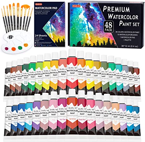 Shuttle Art 水彩絵の具 36色透明水彩 48点セット 筆10本 パレット 水彩紙付 12ml チューブ 大人の塗り絵 水彩画 お絵描き 美術 画材セット 学校用 幼稚園 初心者 専門家 プレゼント