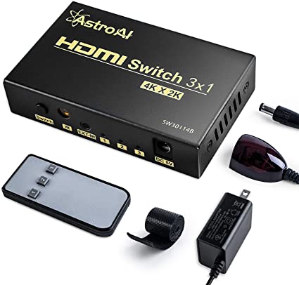 AstroAI HDMI 切替器 HDMI セレクター HDMI 4k PSE認証済みアダプター きりかえ器 3入力1出力 セレクター 分配器 4K 3D 60HZ HDCP Ver2.2対応 PS4Pro DVDプレーヤー対応 結束バンド リモコン付