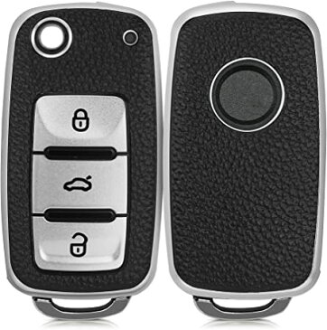 kwmobile ケース - シリコン キーカバー 車の鍵 専用プロテクター 対応: VW Skoda Seat 3-ボタン 車のキー - 革風仕上げ シルバー/黒色