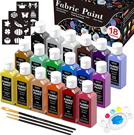 Shuttle Art 布描き絵の具 18色セット 60ml 布えのぐ 布用絵の具 洗える 落ちない 染色用 ファブリックペイント ペイントブラシ ステンシル パレット付き 速乾 耐久 Tシャツ かばん スニーカー 子供 イラスト 塗り絵 クラフト 画